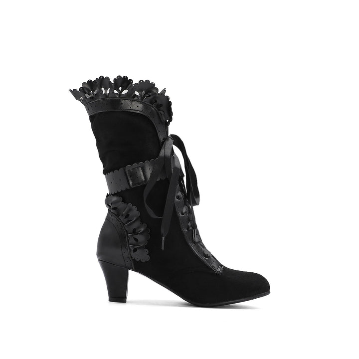 Women cute bowknot lace cuff front-lace mid calf dress boots