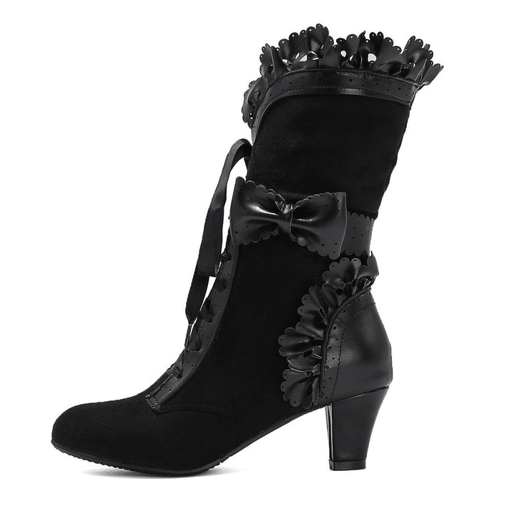 Women cute bowknot lace cuff front-lace mid calf dress boots