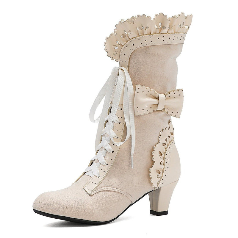 Women cute bowknot lace cuff front-lace mid calf dress boots
