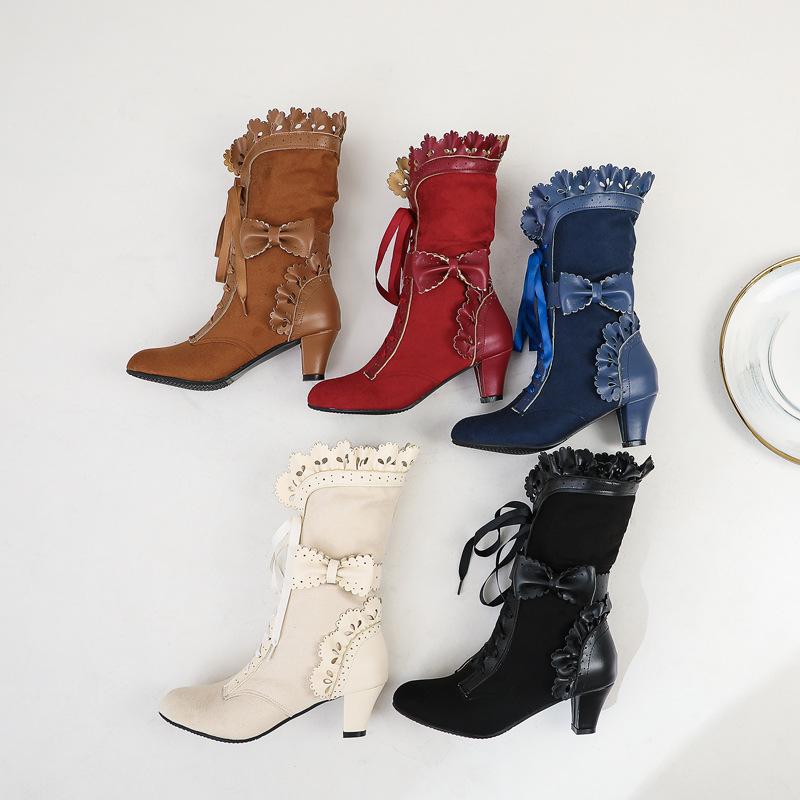 Women cute bowknot lace cuff front-lace mid calf dress boots