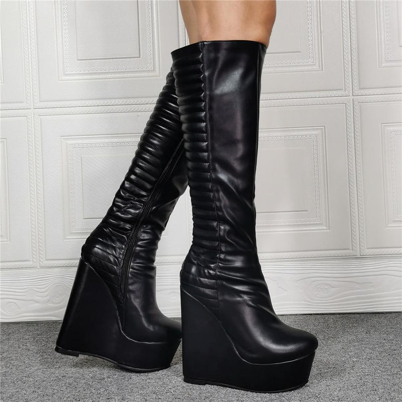 Women black PU leather gothic platform wedge knee high boots