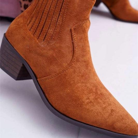 Women brown faux suede pointed toe chunky block heel chelsea booties