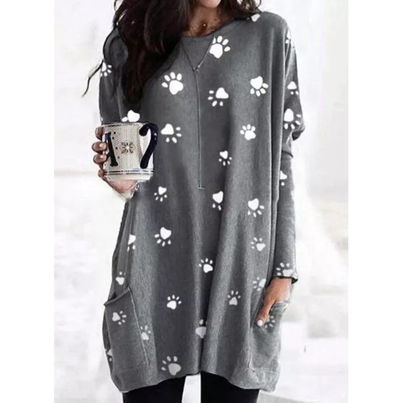 Women Long Sleeve Pockets Cat Claws Printed Black Top