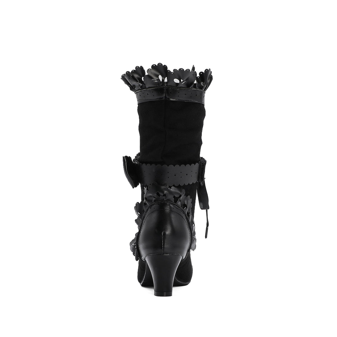 Women cute bowknot lace cuff front-lace mid calf dress boots