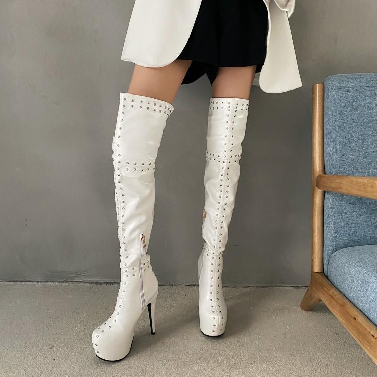Women sexy studded stiletto high heeled platform over the knee boots for party club