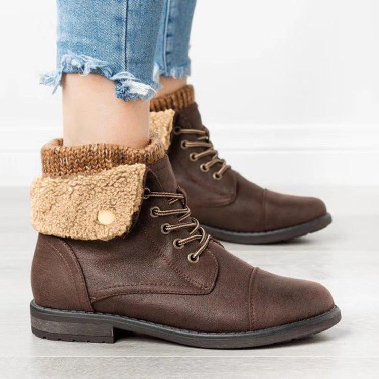 Women's sweater cuff turn down edge lace-up ankle boots winter warm cotton lining combat boots