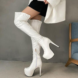 Women sexy studded stiletto high heeled platform over the knee boots for party club