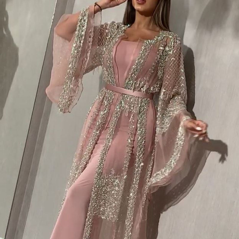Lady's silver stamping shining long cape dress | formal evening party 2 pieces batwing maxi dress