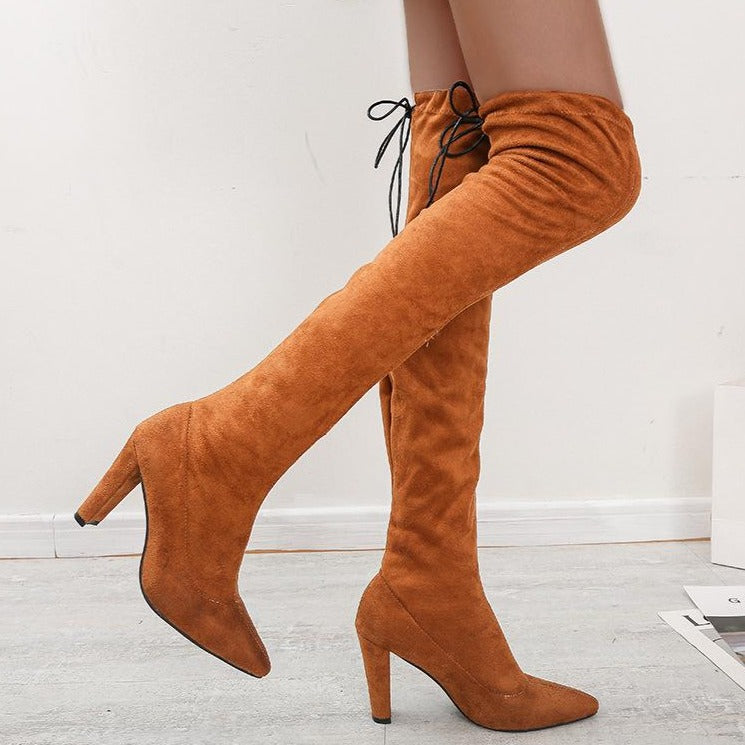 Women's suede stiletto heel stretch thigh high boots pointed toe skinny winter tall boots