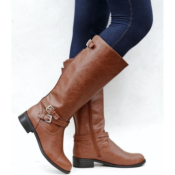 Women's retro knee high zipper boots bucke strap motorcycle boots