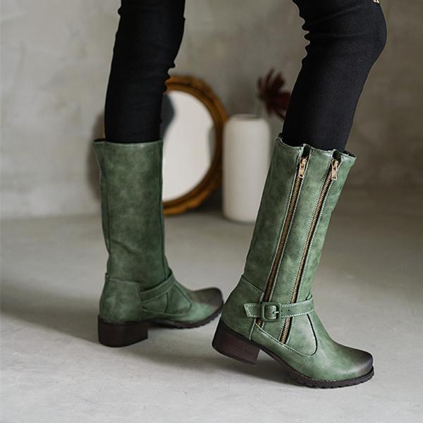 Women retro buckle strap chunky medium heel mid calf motrocycle boots