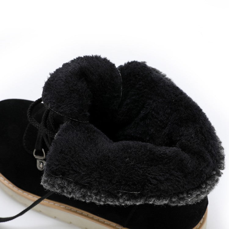 Women's fashion fur trim lace-up short snow boots flat non-slip plush lining warm boots