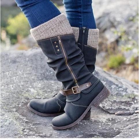 Women's sweater cuff mid calf snow boots low heel zipper biker boots