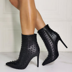 Women's sexy black studded stiletto high heel booties for nightclub party