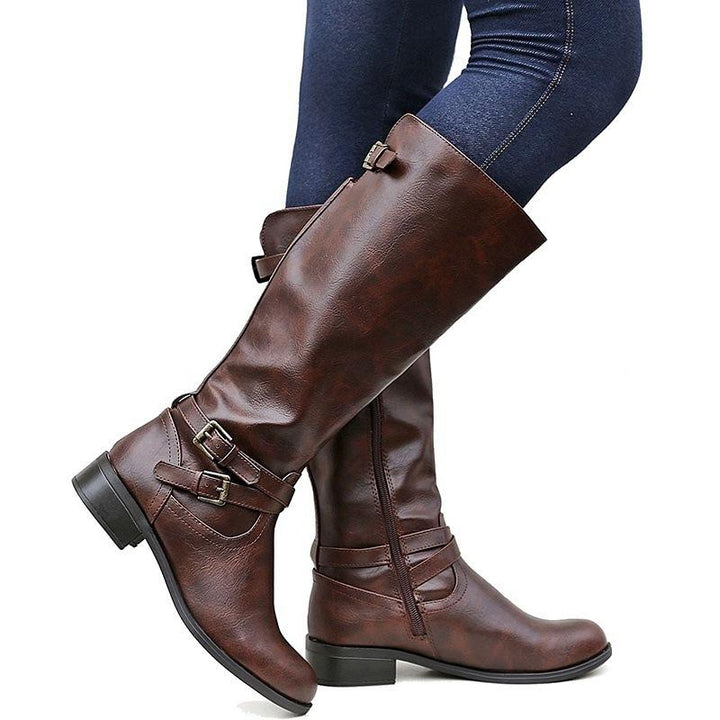 Women's retro knee high zipper boots bucke strap motorcycle boots