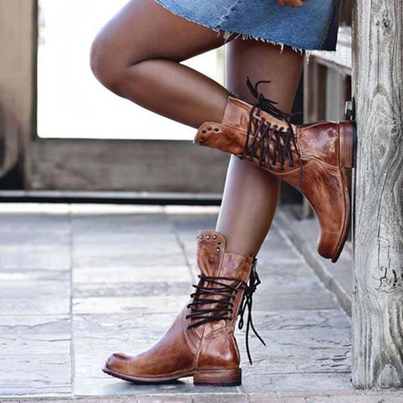 Women's vintage lace-up zipper biker boots mid-calf low heel riding boots