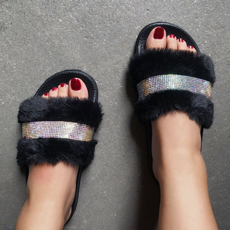 Women's fashion rhinestone furry slides winter cute slippers