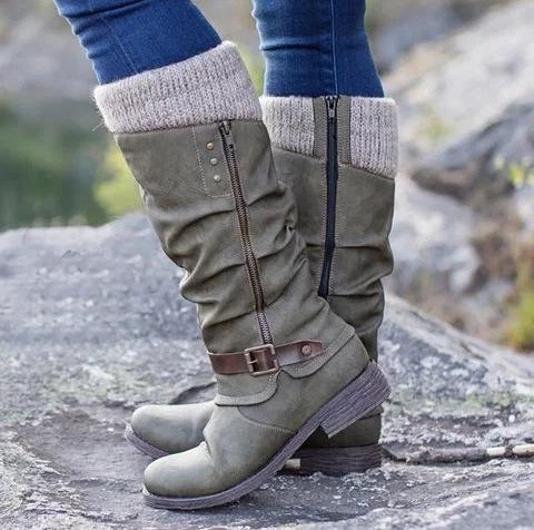 Women's sweater cuff mid calf snow boots low heel zipper biker boots
