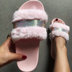 Women's fashion rhinestone furry slides winter cute slippers