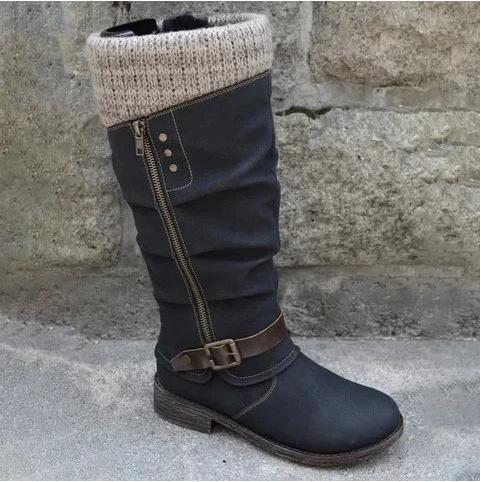 Women's sweater cuff mid calf snow boots low heel zipper biker boots