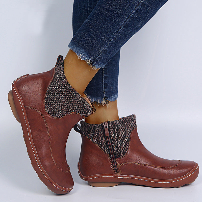 Women's retro knit sweater cuff zipper ankle boots wide calf