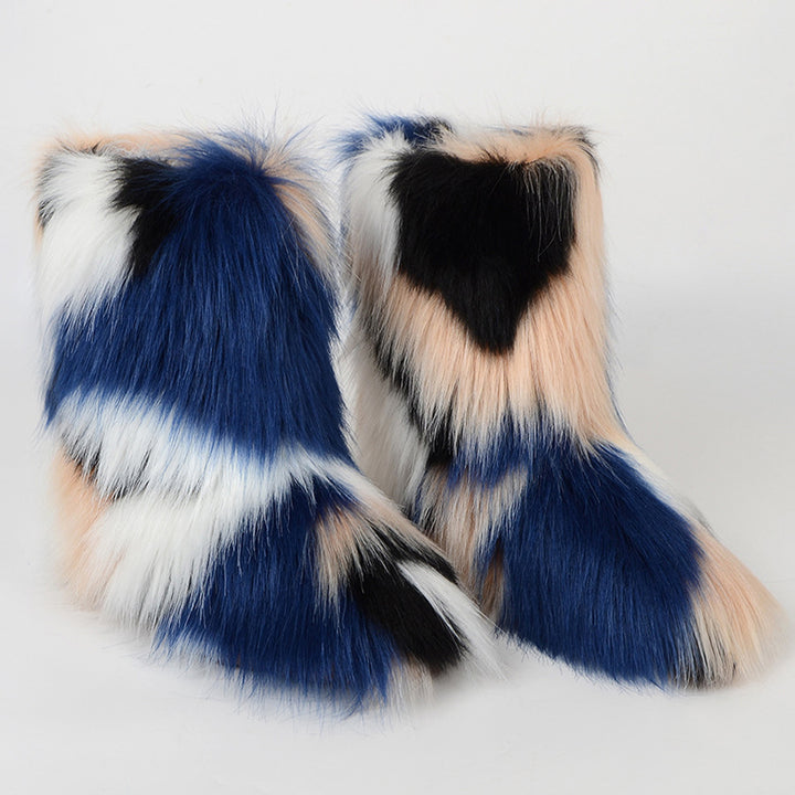 Winter Multicolor Fluffy Anti-skid Flat Heel Lining Fur Keep Warm Women Snow Boots