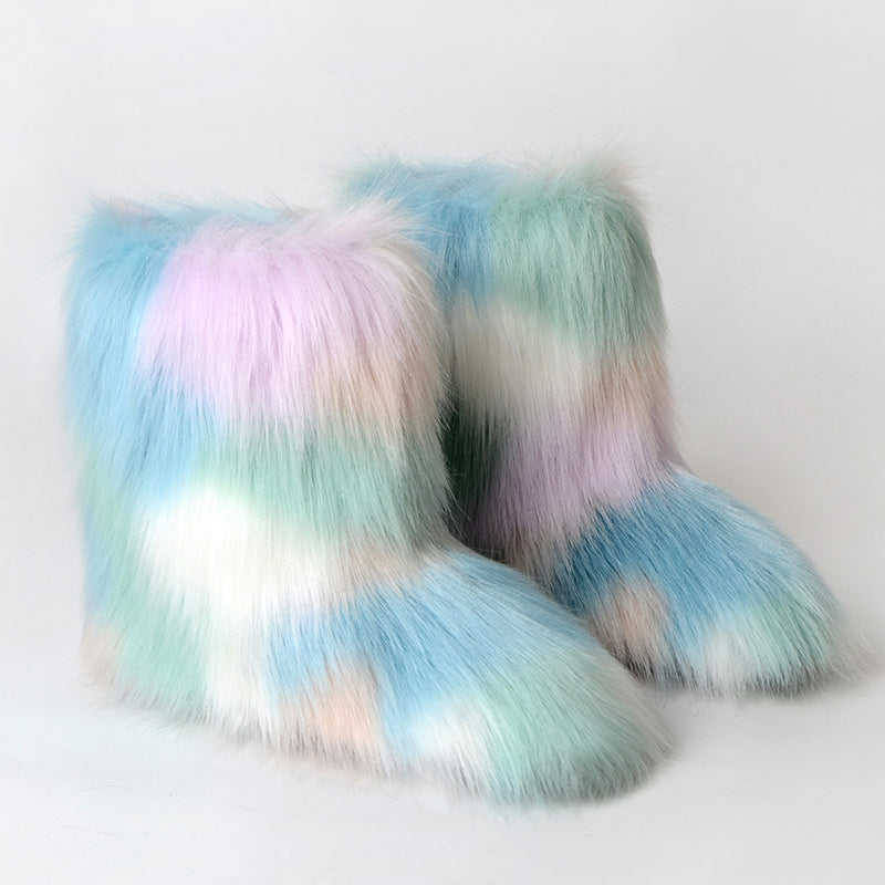 Winter Multicolor Fluffy Anti-skid Flat Heel Lining Fur Keep Warm Women Snow Boots