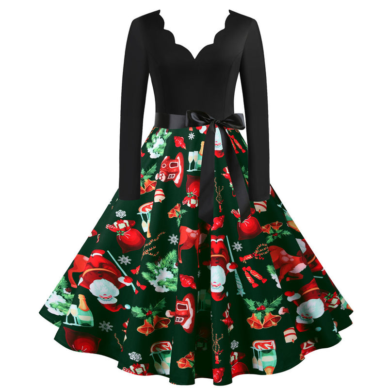 Women's big swing vintage A-line print Chritstmas party dress v-neck sexy new year party long sleeve dress