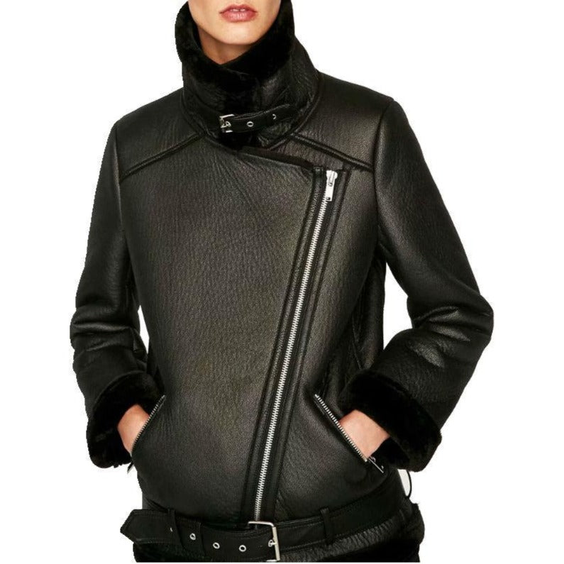 Womens's faux fur collar jacket coat turn down collar zipper biker jacket