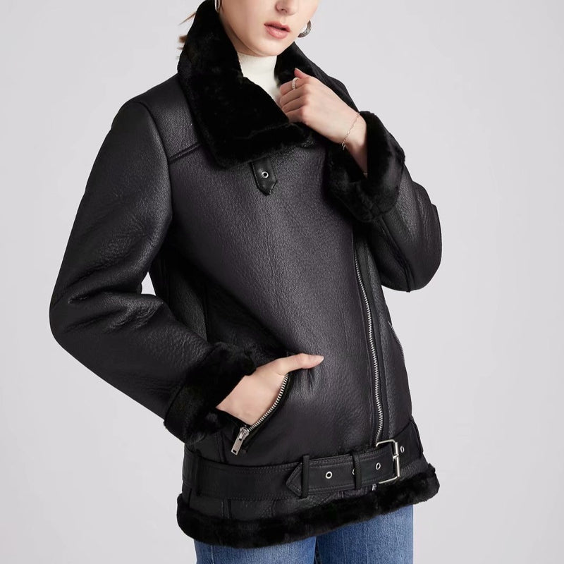 Womens's faux fur collar jacket coat turn down collar zipper biker jacket