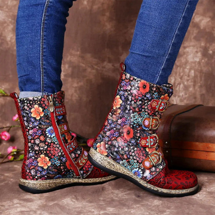 Women's floral print mid calf boots | ethnic boho buckle strap boots