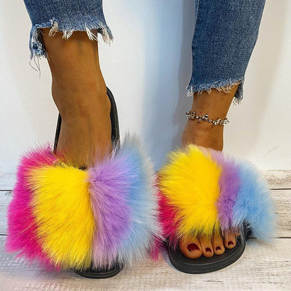Women's cute colorful fluffy slides fashion indoor slide shoes