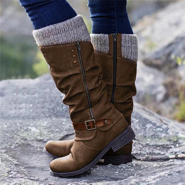 Women's sweater cuff mid calf snow boots low heel zipper biker boots