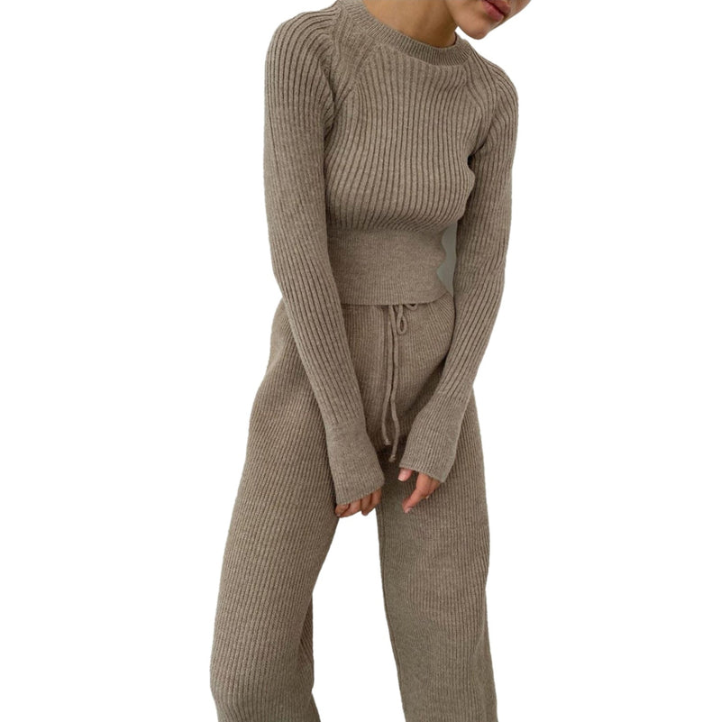 Women 2 Pieces Knit Sweater Winter Outfits | Long sleeves Tops & Wide Leg Pants Lounge suits