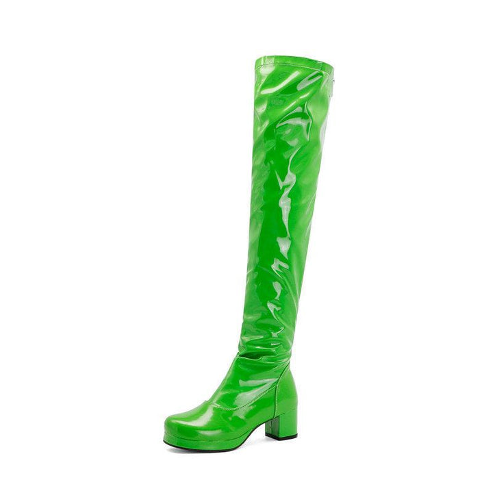 Women over the knee PU patent block heel boots with back zipper