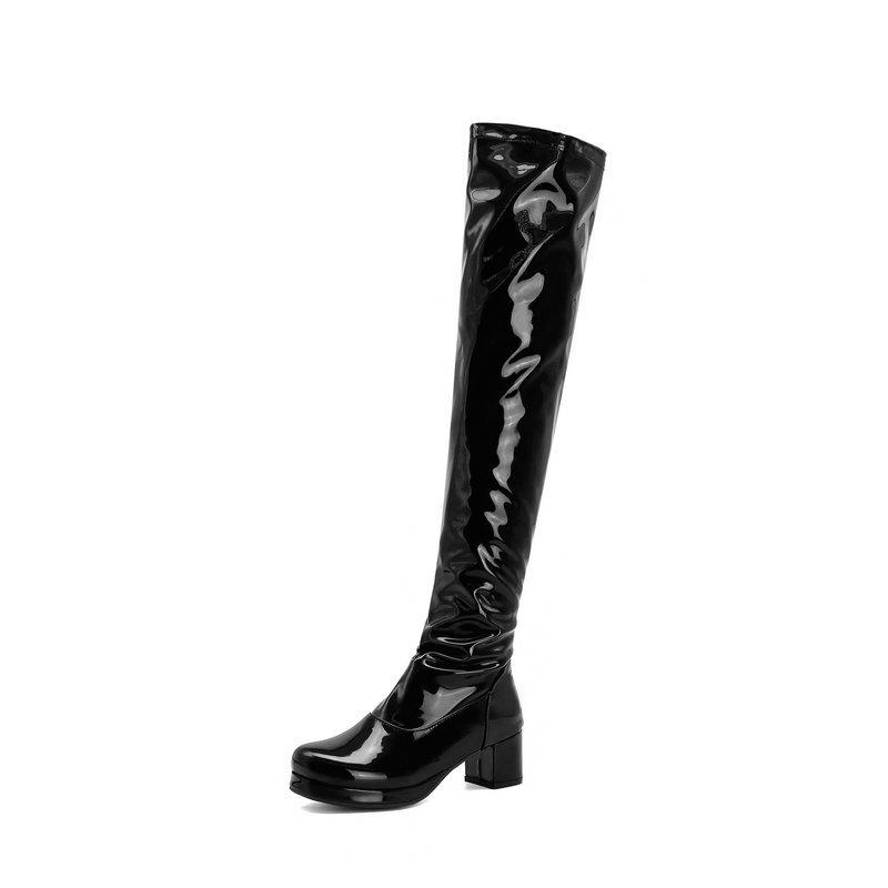 Women over the knee PU patent block heel boots with back zipper