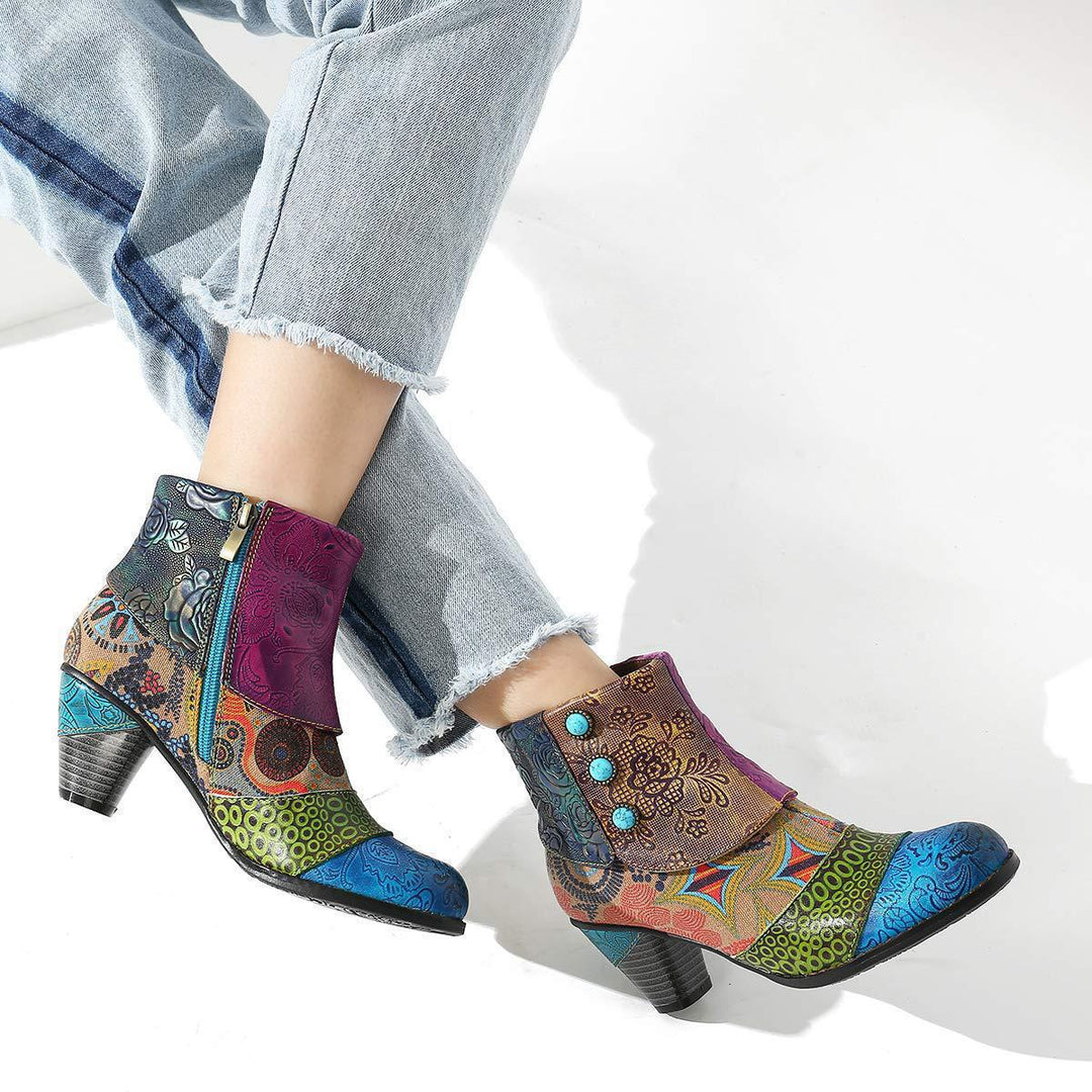 Women's retro flower print ankle booties ethnic patchwork zipper  booties