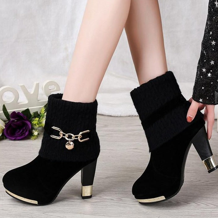 Women's high heels knit cuff fold down bootsies metal décor slip on booties