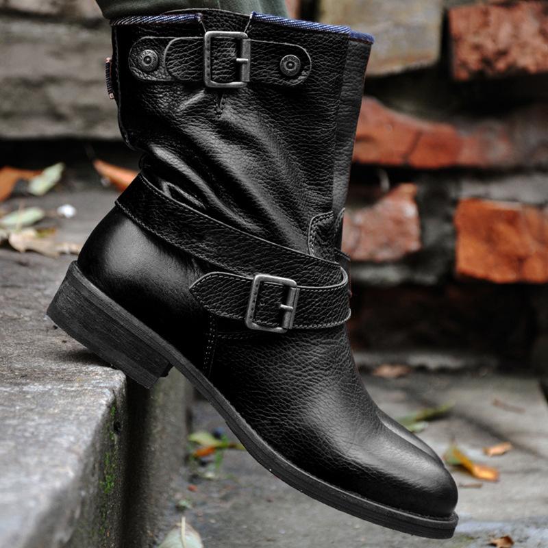 Women's vintage motorcycle boots buckle strap low heel short boots