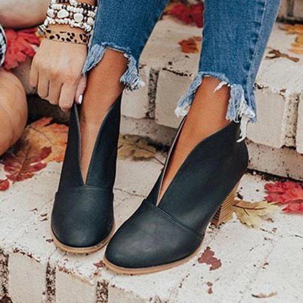Women's sexy deep v cut chunky ankle boots pointed toe
