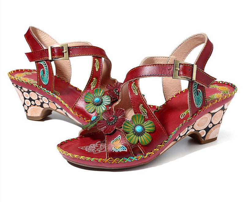 Women's retro ethnic floral medium chunky sandals