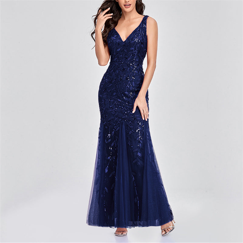Women's sequins embroidery sexy v neck mermaid maxi dress mesh lace trim evening party prom banquet bridal dress