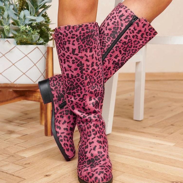 Women leopard print zipper chunky low heel knee high boots
