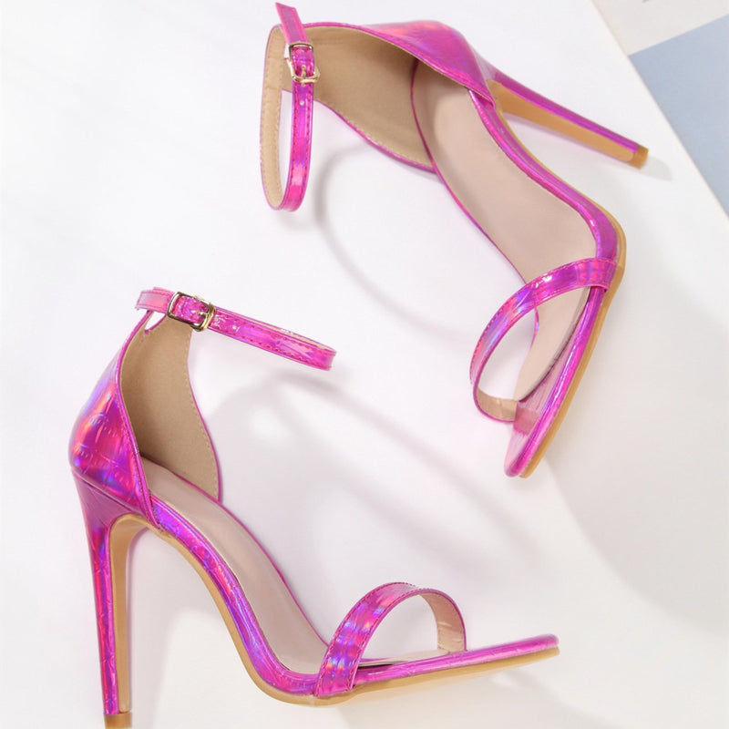 Women's hot pink one band peep toe ankle strap buckle stiletto sandals