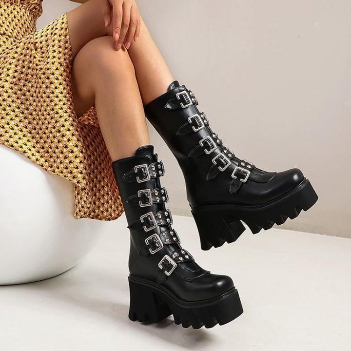 Women's buckle straps mid calf chunky motorcycle boots