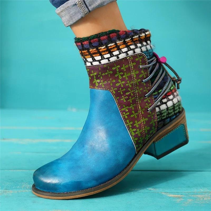 Women's vintage ethnic chunky block heel ankle boots knit cuff cotton lining boots