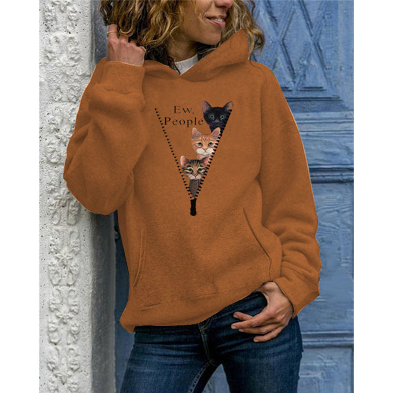 Women Pullover Cat Printed Crewneck Pocket Hoodie Sweatshirt