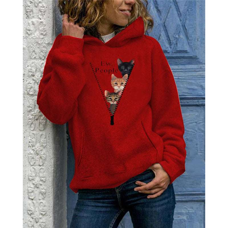 Women Pullover Cat Printed Crewneck Pocket Hoodie Sweatshirt