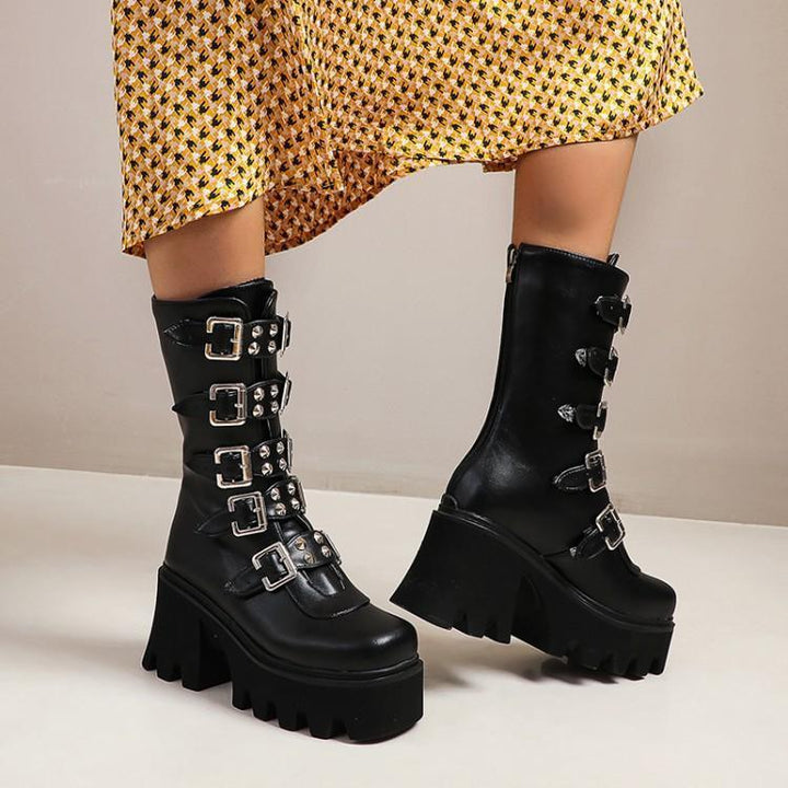 Women's buckle straps mid calf chunky motorcycle boots