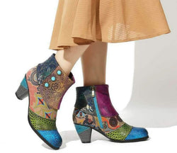 Women's retro flower print ankle booties ethnic patchwork zipper  booties